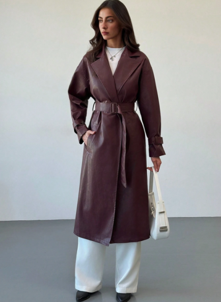 معطف نسائي طويل من الجلد الصناعي بلون أحمر ، بطراز عصري شارعي